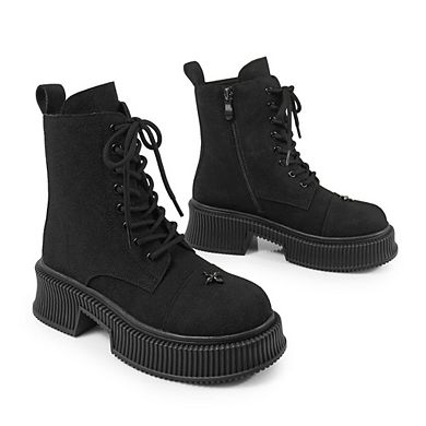 Judah-1 Lace Up Platform Combat Ankle Boots with Chunky Block Heel