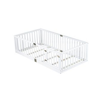 KWPZQEB Twin Size Wood Floor Bed with Door, High Fence Railings & 6 Slats Included