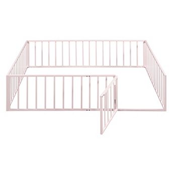 GOODSILO Metal Floor Bed Frame with Fence and Safety Door