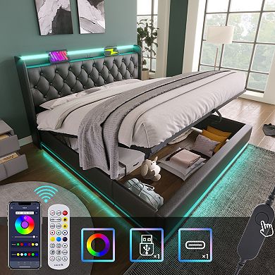 GOODSILO Upholstered Bed with LED Lighting and Hydraulic Storage