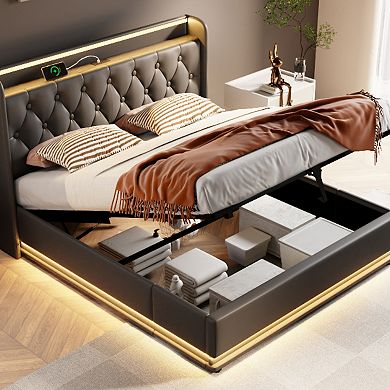 GOODSILO Upholstered Bed with LED Lighting and Hydraulic Storage