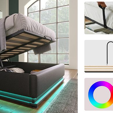 GOODSILO Upholstered Bed with LED Lighting and Hydraulic Storage