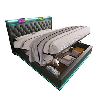 GOODSILO Upholstered Bed with LED Lighting and Hydraulic Storage