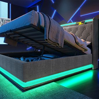 GOODSILO Upholstered Bed with LED Lighting and Hydraulic Storage