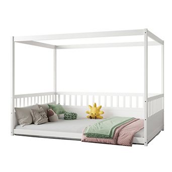 GOODSILO Canopy Floor Bed Frame with Guardrails for Children's Bedroom Furniture