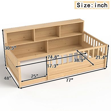 GOODSILO Wooden Floor Bed with Fence Guardrail and Side Storage