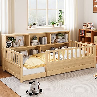 GOODSILO Wooden Floor Bed with Fence Guardrail and Side Storage