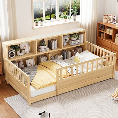 GOODSILO Wooden Floor Bed with Fence Guardrail and Side Storage