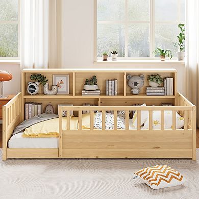 GOODSILO Wooden Floor Bed with Fence Guardrail and Side Storage