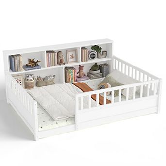 GOODSILO Wooden Floor Bed with Fence Guardrail and Side Storage