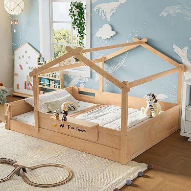 GOODSILO House Style Floor Bed with Guardrails and Storage Tray for Kids
