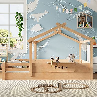 GOODSILO House Style Floor Bed with Guardrails and Storage Tray for Kids