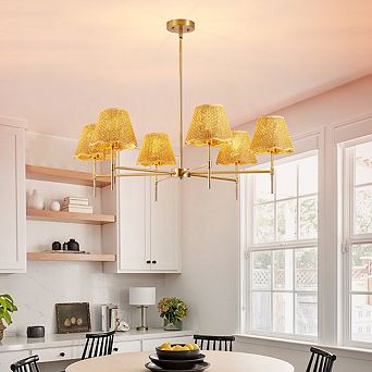 6-Light Hand-Woven Rattan Chandelier, Brass Finish Adjustable Pendant Light