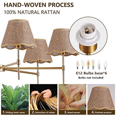 6-Light Hand-Woven Rattan Chandelier, Brass Finish Adjustable Pendant Light