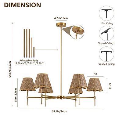6-Light Hand-Woven Rattan Chandelier, Brass Finish Adjustable Pendant Light
