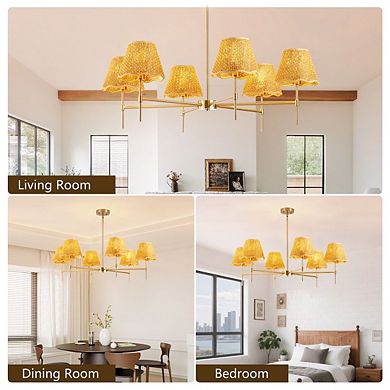 6-Light Hand-Woven Rattan Chandelier, Brass Finish Adjustable Pendant Light