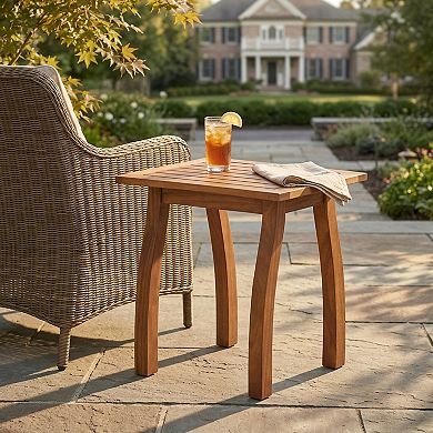 Outdoor Accent Table, Acacia Wood Slatted Side Table for Patio, Pool Deck & Backyard