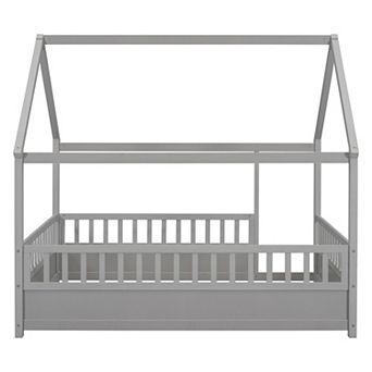 GOODSILO Floor Bed with Decorative House Roof Frame and Safety Guardrails