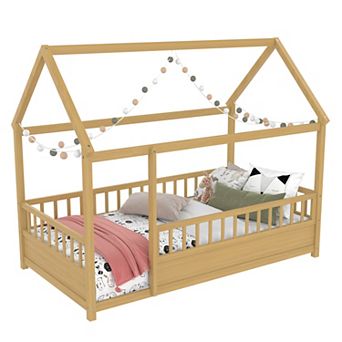 GOODSILO Floor Bed with Decorative House Roof Frame and Safety Guardrails