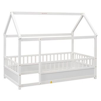 GOODSILO Floor Bed with Decorative House Roof Frame and Safety Guardrails