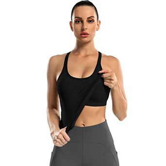 ATTRACO Women Long Length Seamless Ribbed Racerback Built In Bra Workout Tank Top