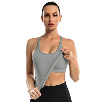ATTRACO Women Long Length Seamless Ribbed Racerback Built In Bra Workout Tank Top