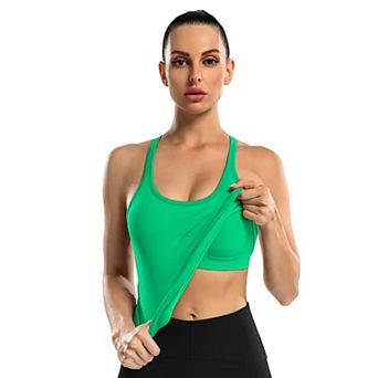 ATTRACO Women Long Length Seamless Ribbed Racerback Built In Bra Workout Tank Top