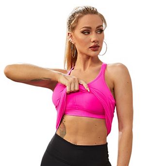 ATTRACO Women Long Length Seamless Ribbed Racerback Built In Bra Workout Tank Top