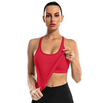 ATTRACO Women Long Length Seamless Ribbed Racerback Built In Bra Workout Tank Top