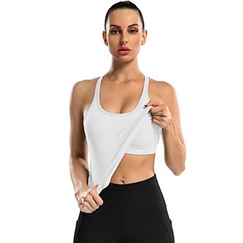 ATTRACO Women Long Length Seamless Ribbed Racerback Built In Bra Workout Tank Top