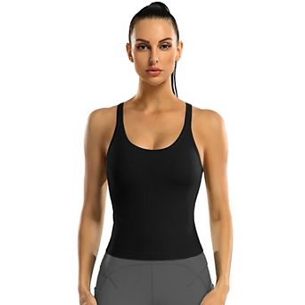 ATTRACO Women Cropped Seamless Ribbed Racerback Built In Bra Workout Tank Top