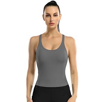 ATTRACO Women Cropped Seamless Ribbed Racerback Built In Bra Workout Tank Top