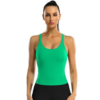 ATTRACO Women Cropped Seamless Ribbed Racerback Built In Bra Workout Tank Top