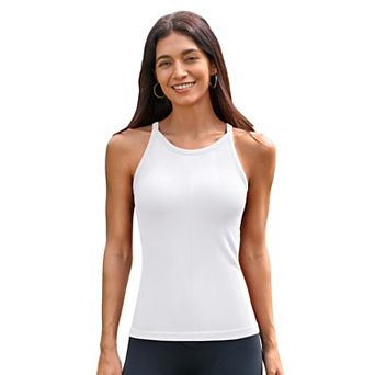 ATTRACO Women Long Length Seamless Micro Rib High Neck Racerback Built In Bra Workout Tank Top