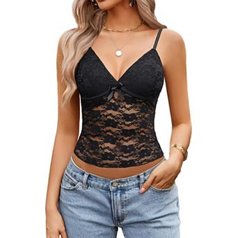 Avidlove Women V Neck Sheer Floral Lace Spaghetti Strap Slim Fit Camisole Tank Top