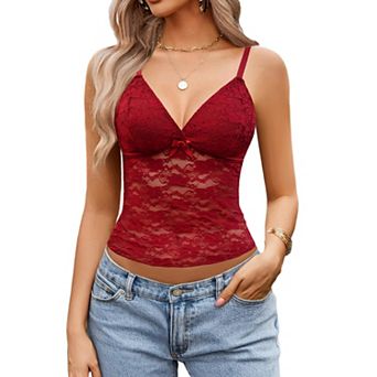 Avidlove Women V Neck Sheer Floral Lace Spaghetti Strap Slim Fit Camisole Tank Top