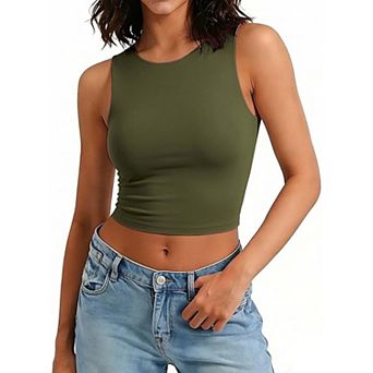 Avidlove Women Crew Neck Sleeveless Double Lined Seamless Slim Fit Cropped Tank Top