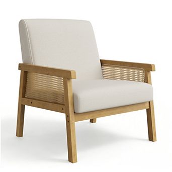 Modern Rattan Accent Chair with Wooden Armrests & Legs, Upholstered Lounge Chair