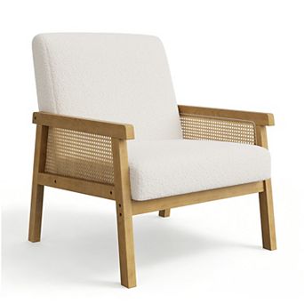 Modern Rattan Accent Chair with Wooden Armrests & Legs, Upholstered Lounge Chair