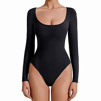 Avidlove Women Scoop Neck Long Sleeve Double Lined Thong Bodysuit With Dual Snap Closure