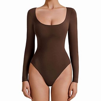 Avidlove Women Scoop Neck Long Sleeve Double Lined Thong Bodysuit With Dual Snap Closure