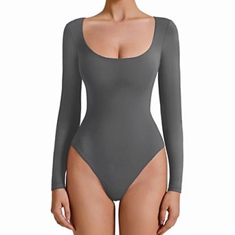 Avidlove Women Scoop Neck Long Sleeve Double Lined Thong Bodysuit With Dual Snap Closure