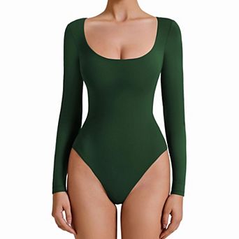 Avidlove Women Scoop Neck Long Sleeve Double Lined Thong Bodysuit With Dual Snap Closure