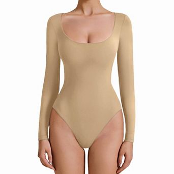 Avidlove Women Scoop Neck Long Sleeve Double Lined Thong Bodysuit With Dual Snap Closure