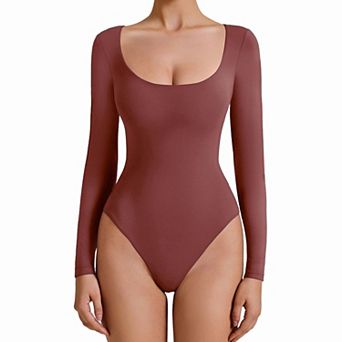 Avidlove Women Scoop Neck Long Sleeve Double Lined Thong Bodysuit With Dual Snap Closure