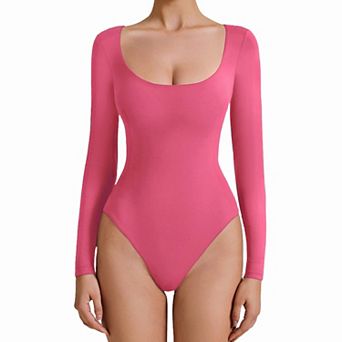 Avidlove Women Scoop Neck Long Sleeve Double Lined Thong Bodysuit With Dual Snap Closure