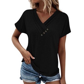 Womens Short Sleeve Dressy Casual Loose Fit T Shirts Button Decor Summer Tops