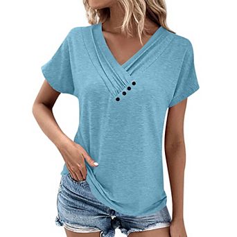 Womens Short Sleeve Dressy Casual Loose Fit T Shirts Button Decor Summer Tops