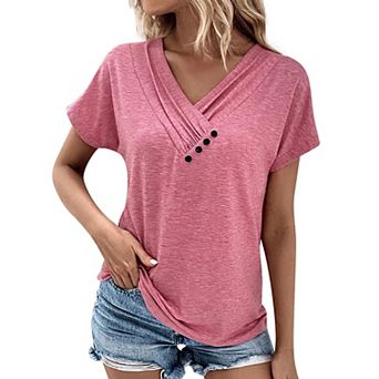 Womens Short Sleeve Dressy Casual Loose Fit T Shirts Button Decor Summer Tops