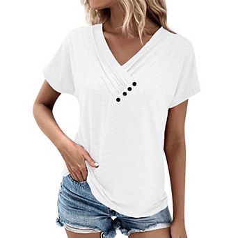 Womens Short Sleeve Dressy Casual Loose Fit T Shirts Button Decor Summer Tops